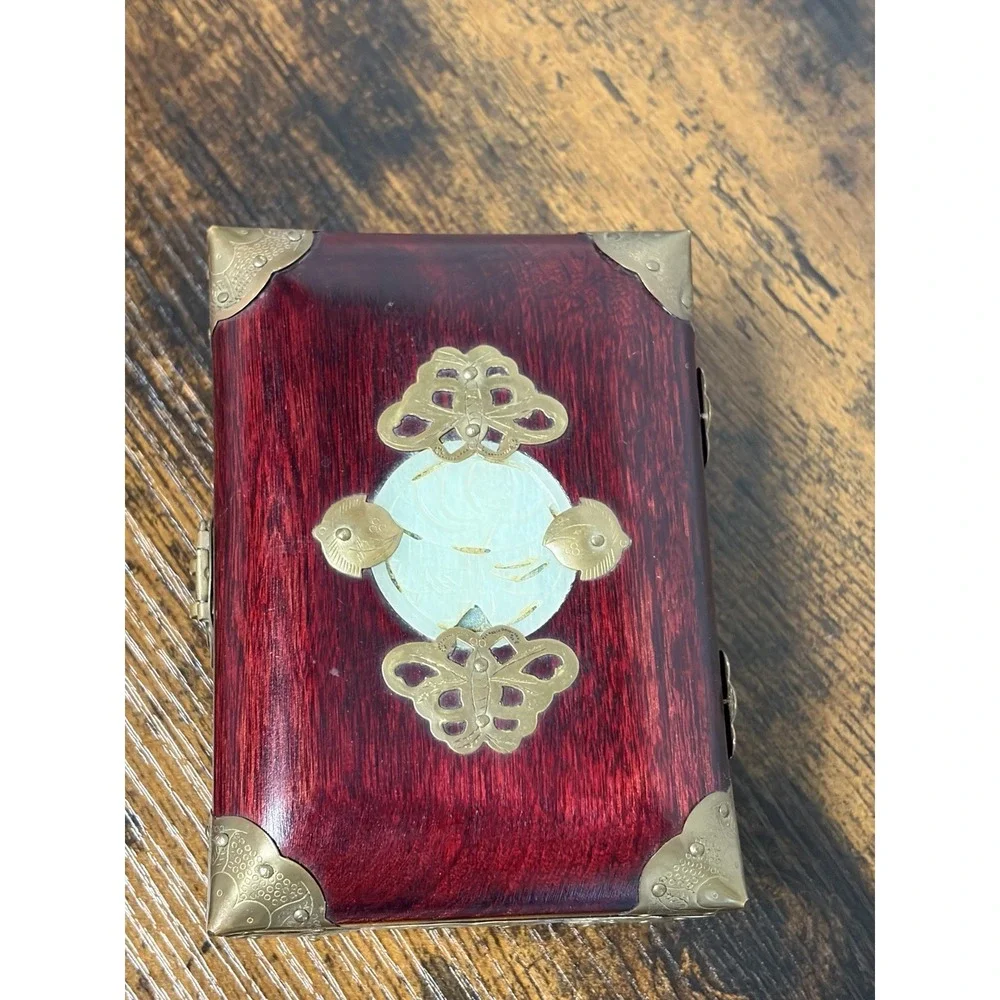 Vintage Chinese Jewelry Box Red Wood Jade Brass Fish Floral Details 5